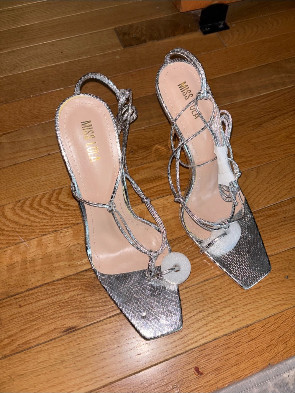 Miss Lola Silver Metallic Snake-Embossed Strappy Heels